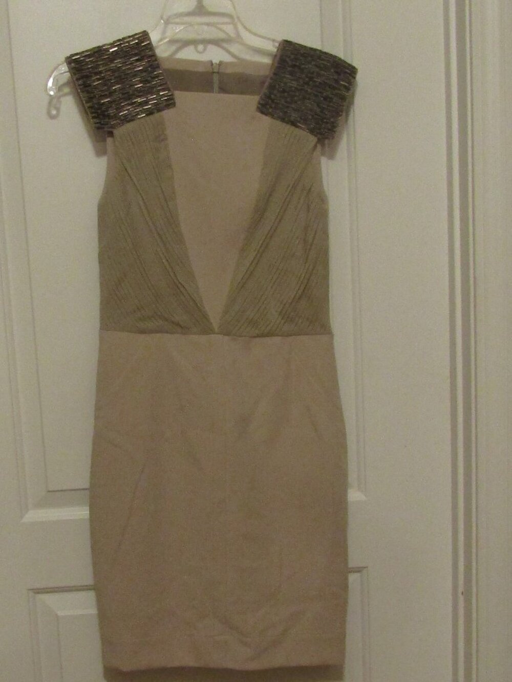 YIGAL AZROUEL Beige Beaded Shoulder Cocktail Sheath DRESS SZ 6